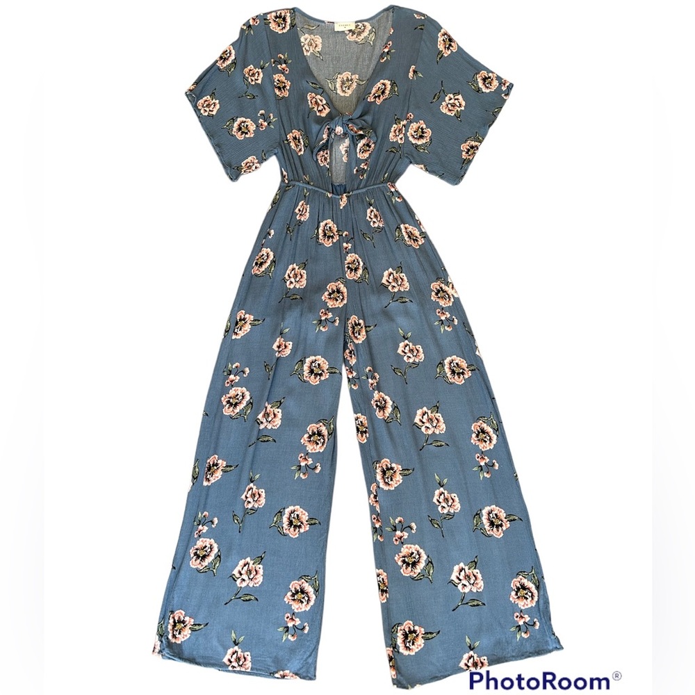 EVERLY Women’s Short Sleeve Wide-leg Floral Blue Jumpsuit with Tie Front SIZE S